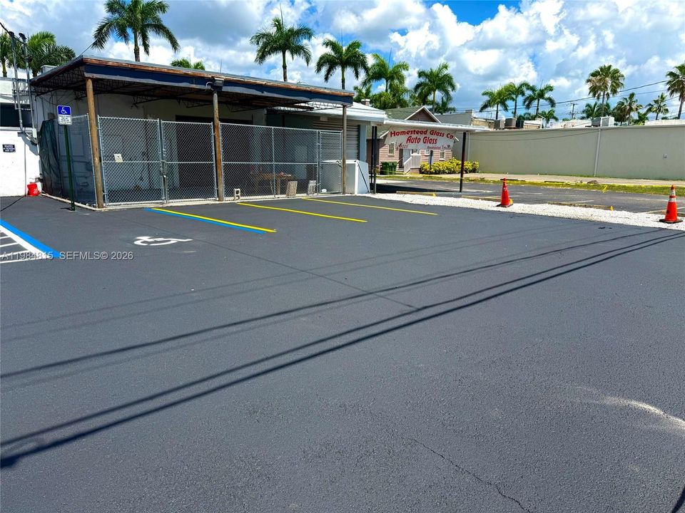 back parking lot just blacktopped and parking spaces marked