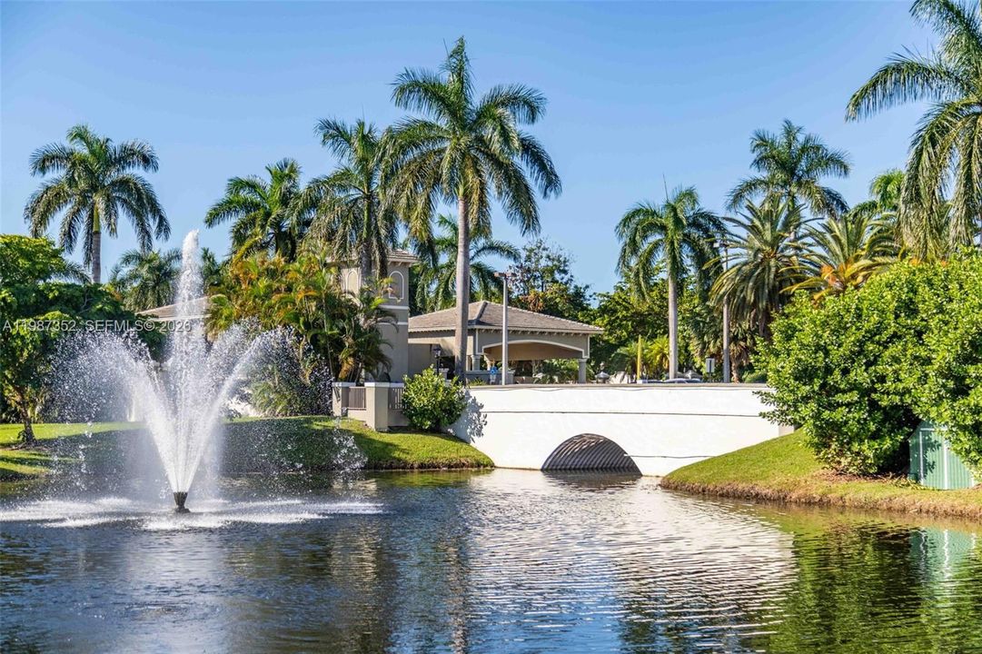 Lush green landscaping at the entry gate