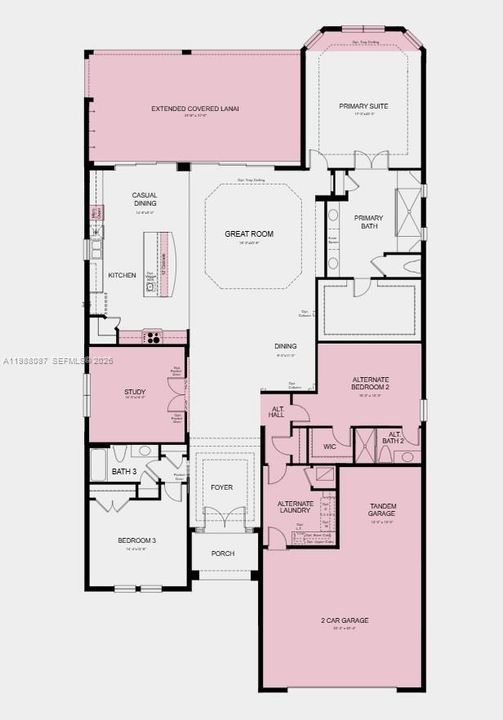 Floor Plan - Additional Highlights Include: gourmet kitchen, study with double doors, tandem garage, covered extended lanai with an outdoor kitchen rough-in, tray ceiling with crown molding in the primary suite, pool pre-wire, and bay window in the primary suite