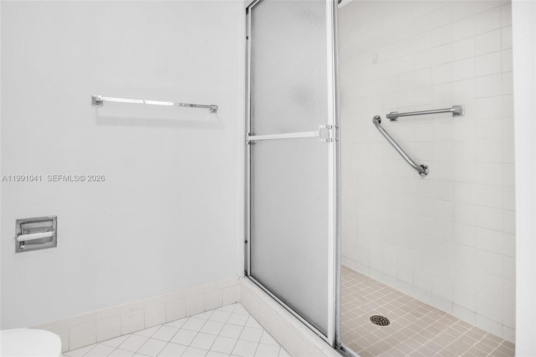 WALK-IN GLASS SHOWER DOORS WITH GRAB BARS