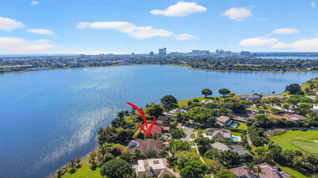 drone to city across lake