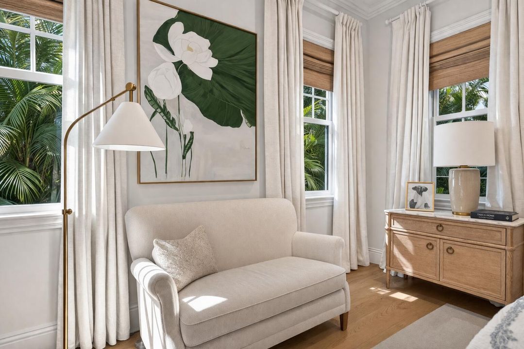 Coastal-inspired bedroom corner with lig