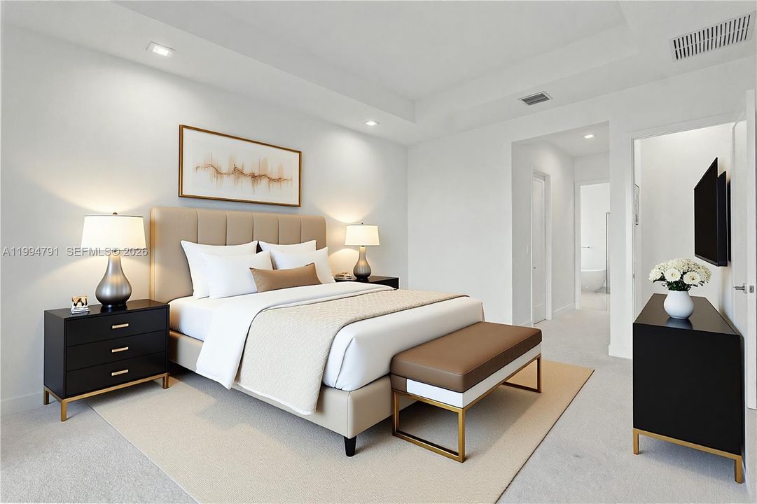 Virtually Staged - Primary bedroom with large ensuite bath and 2 walk-in closets