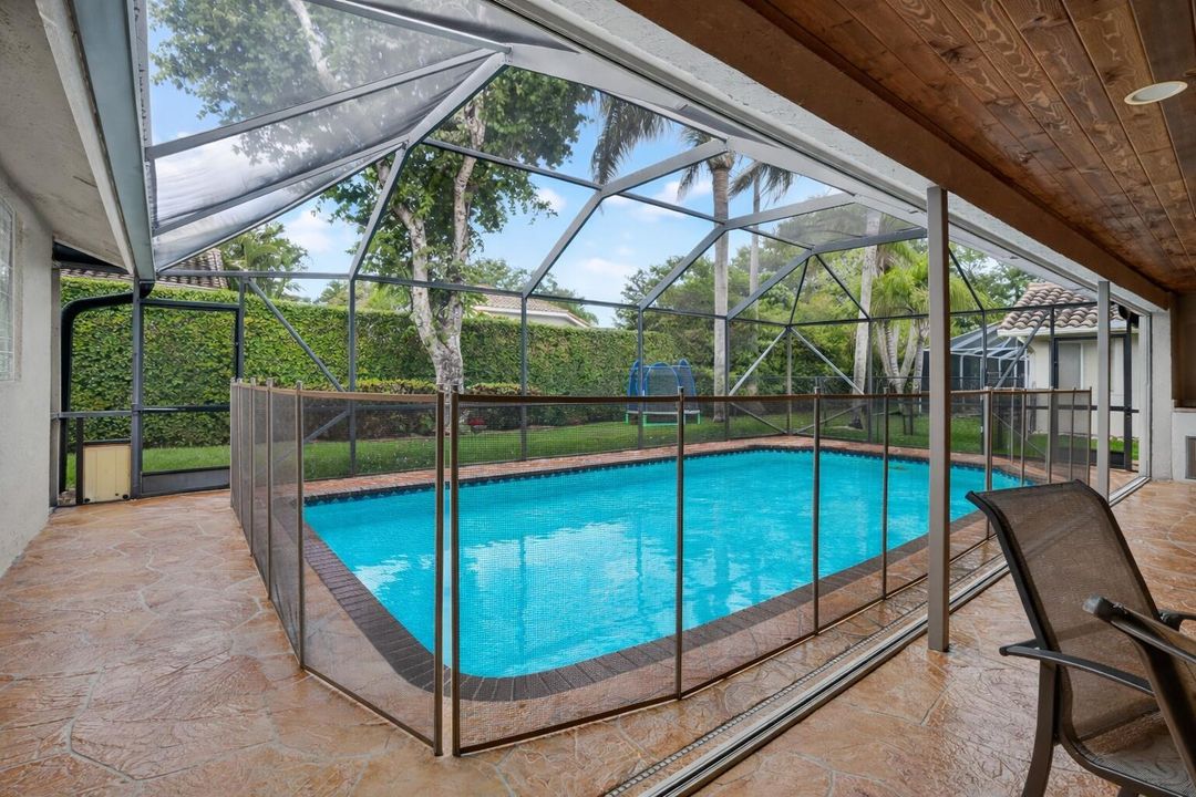 Backyard pool with safety fence and pati