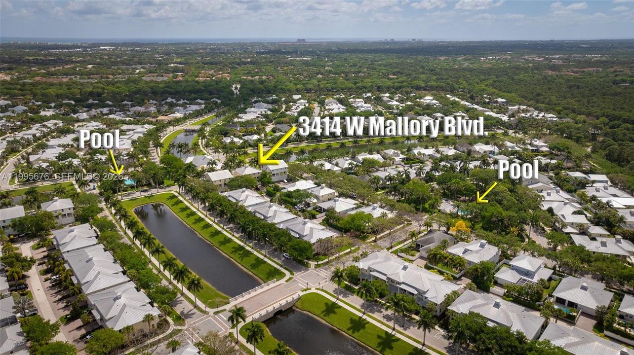 Aerial showing proximity to both pools. Just right for the long summer.
