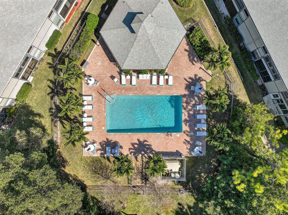 Overview of community pool and pavilion