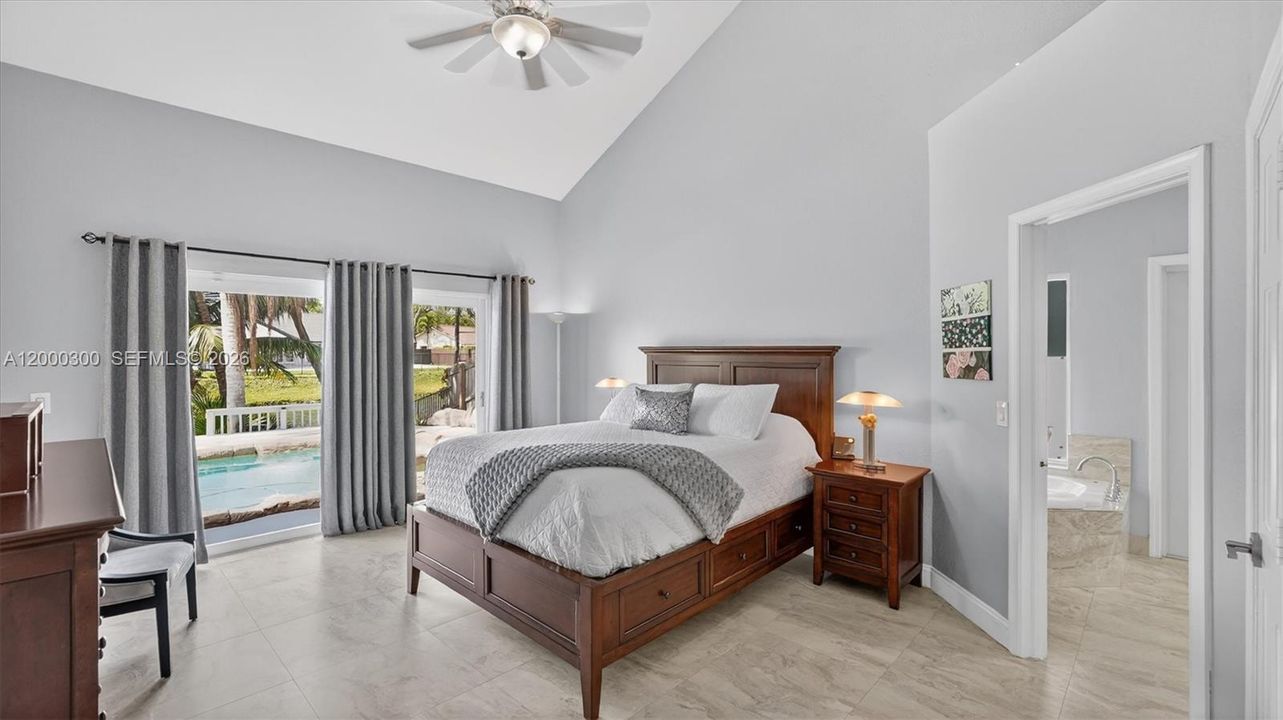 Master down stairs, pool & lake views