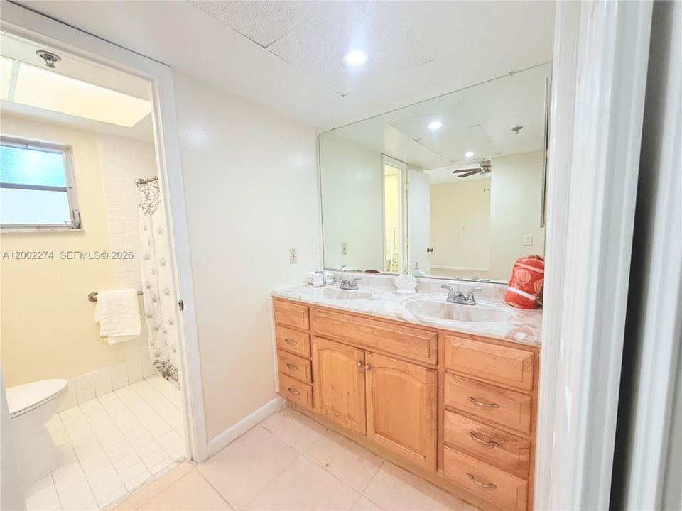 Spacious bathroom with double sink.