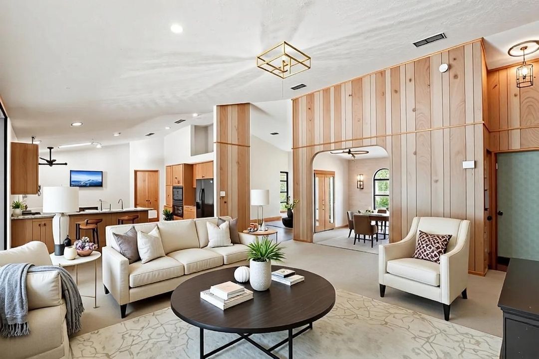 Virtually Staged den view of dining room
