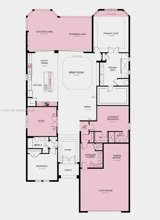 Floor Plan -  Additional Highlights Include: Gourmet kitchen, study in place of flex, bay window at primary suite, covered extended lanai, tray ceilings at primary suite and great room, 8' interior doors, and tandem garage
