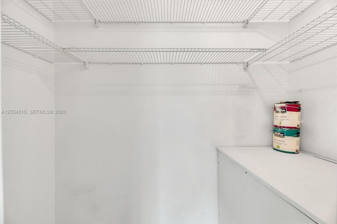 Walk-in closet — wire shelving, generous depth, well-painted