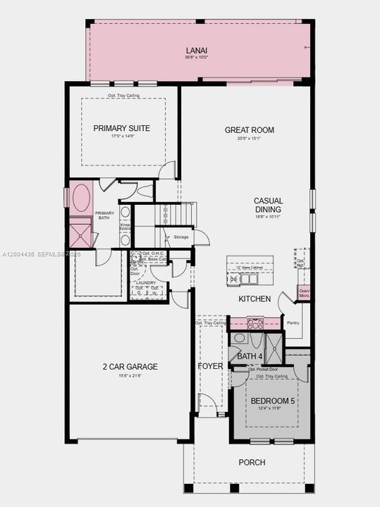 First Floor Plan - Additional Highlights Include: tray ceiling package, gourmet kitchen, main floor secondary bedroom with a full bathroom, a shower in bathroom 4, a soaking tub with a separate shower in the primary bathroom, covered extended lanai, outdoor kitchen rough-in, a door between the primary closet and laundry room, pocket sliding glass door in the great room, and impact windows throughout the whole house