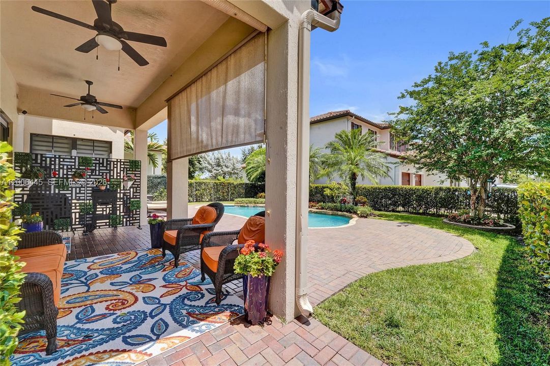 Side view backyard patio and pool
