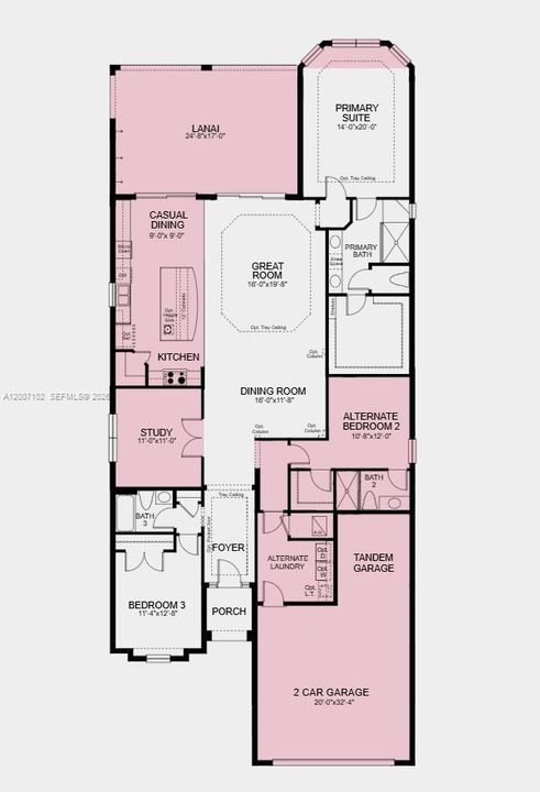 Floor Plan -  Additional Highlights Include: gourmet kitchen, casual dining extension, study in place of a flex room, bay window in the primary bedroom, extended lanai, tandem garage, 8' interior doors, and pre-plumb for future sink at laundry