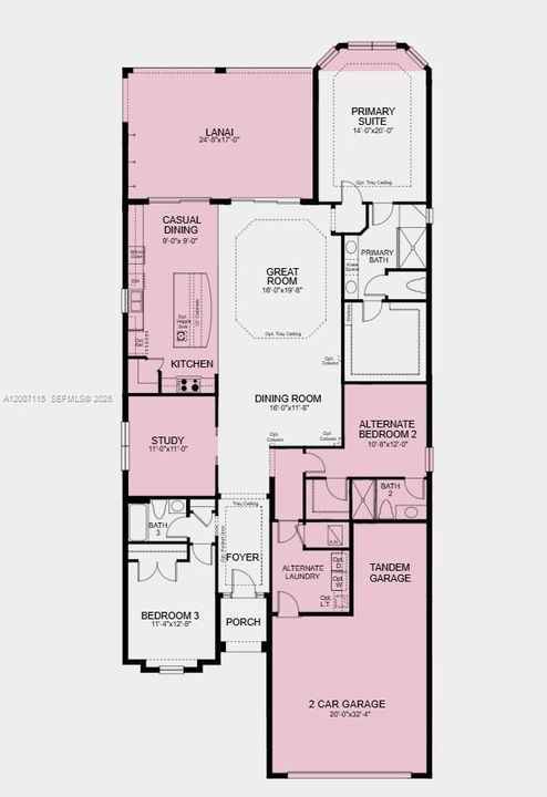 Floor Plan - Additional Highlights Include: gourmet kitchen, casual dining extension, study with pocket doors in place of a flex room, bay window in the primary bedroom, extended lanai, tandem garage, tray ceiling package, 10' ceilings, 8' interior doors, and pre-plumb for future sink at laundry