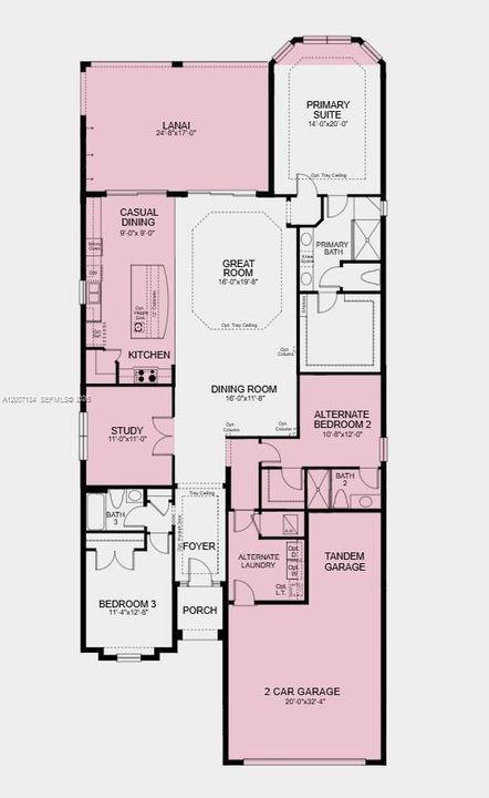 Floor Plan - Additional Highlights Include: Gourmet kitchen, casual dining extension, study in place of flex, bay window at primary suite, tandem garage, extended lanai, tray ceiling pkg, 10' ceilings, 8' interior doors, and pre-plumb for future laundry tub