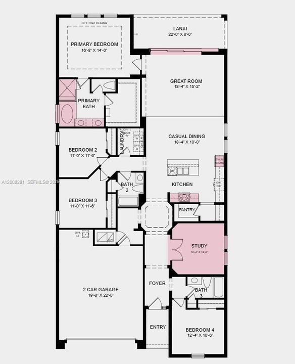 Floor Plan - Additional Highlights Include: gourmet kitchen, pocket sliding glass door out to the covered lanai, 8' interior doors, tray ceiling package, door from the primary closet to laundry room, soaking tub with a separate shower in the primary bathroom, study in place of a flex room, impact windows throughout the home, and extended tile flooring to the primary suite and closet