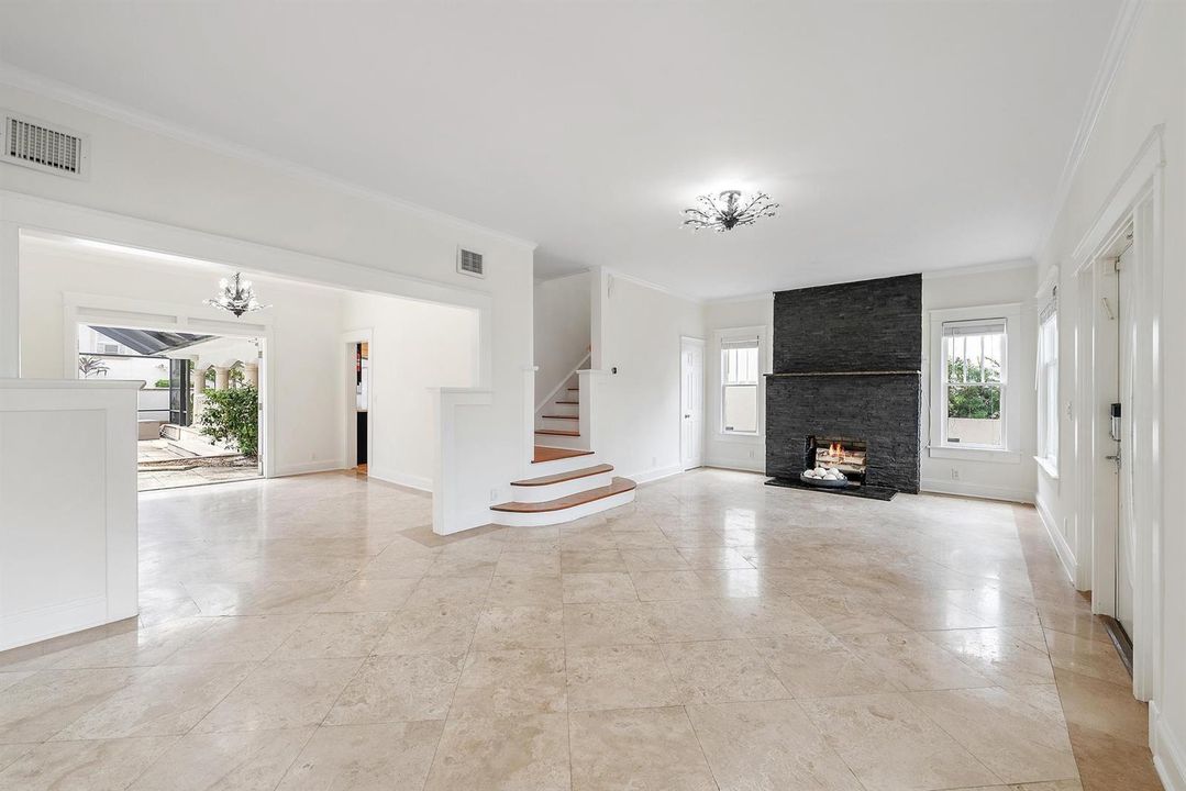 Welcoming fireplace in living room.