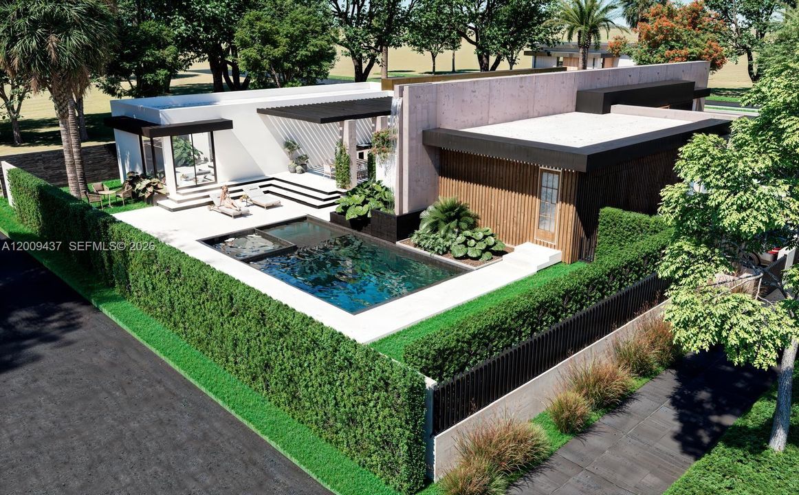 Rendering of aerial view into backyard with pool