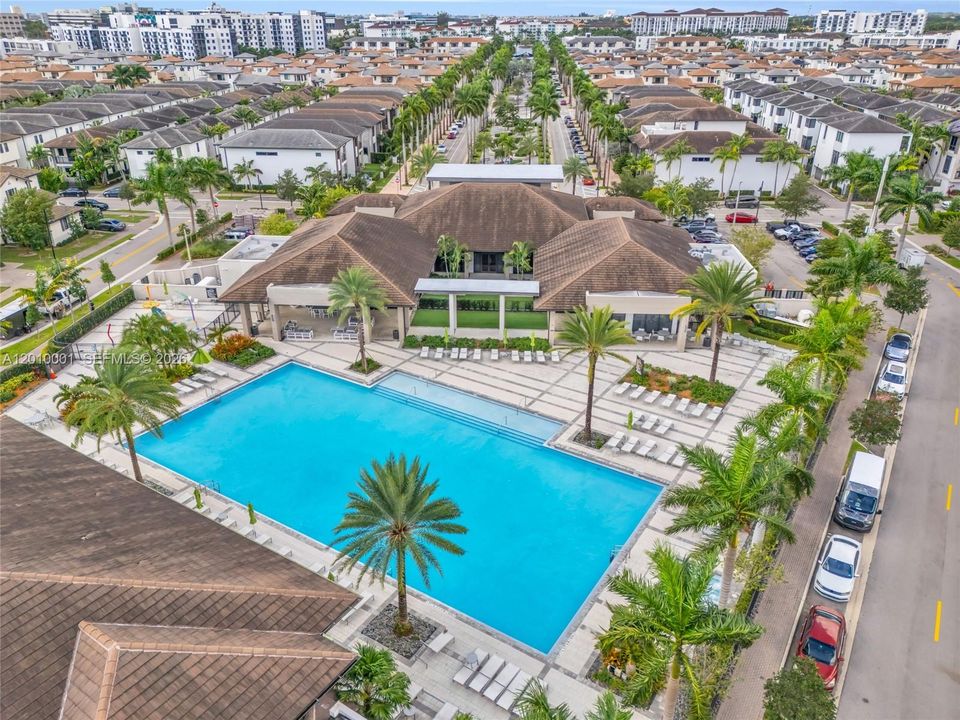 Aerial view club house and pool