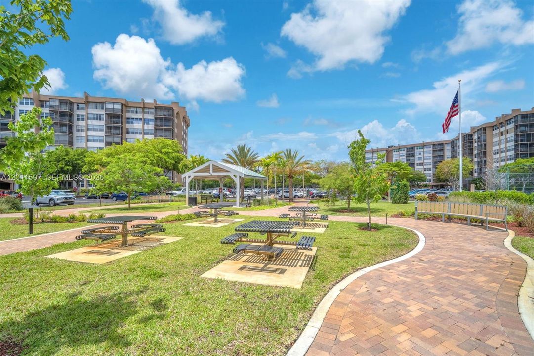 Picnic tables, walking trail