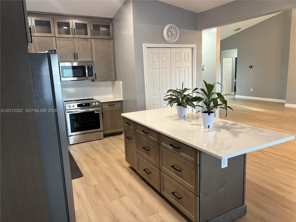 Completely Remodeled Kitchen with Stainless Steel Appliances, Quartz Countertops and New Cabinetry.