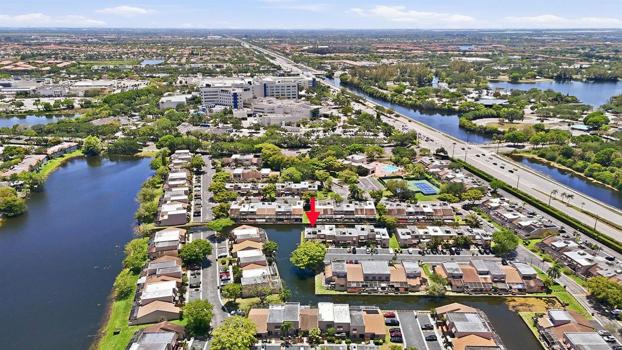 Aerial with hospital behind