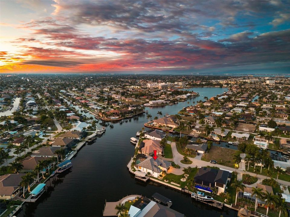 Evening Aerial view showing the extra wide Bimini Canal and Bimini Basin