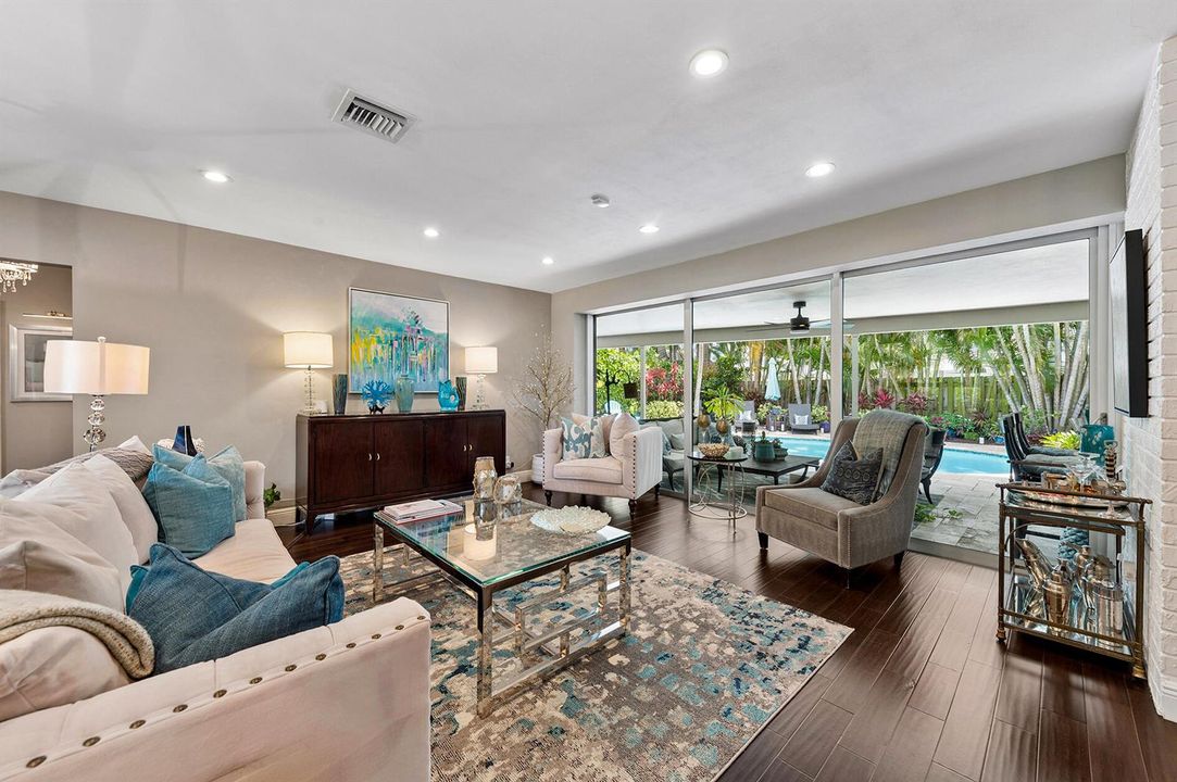 Family room with pool views