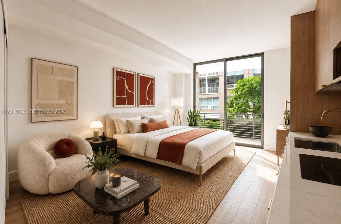 The Standard Residences Midtown Miami features a collection of refined studio, one-bedroom, one-bedroom + den, and two-bedroom pieds-á-terre. Photo is virtually Staged.