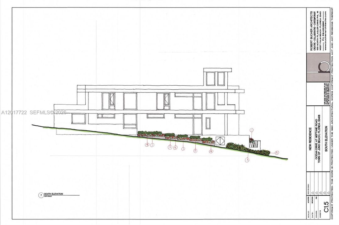 Conceptual South side of elevation of proposed home and landscaping.  Buyer most conduct own due diligence to verify and confirm with the Town of Juno Beach all developmet and building requirements and restrictions applicable to the property and its development.