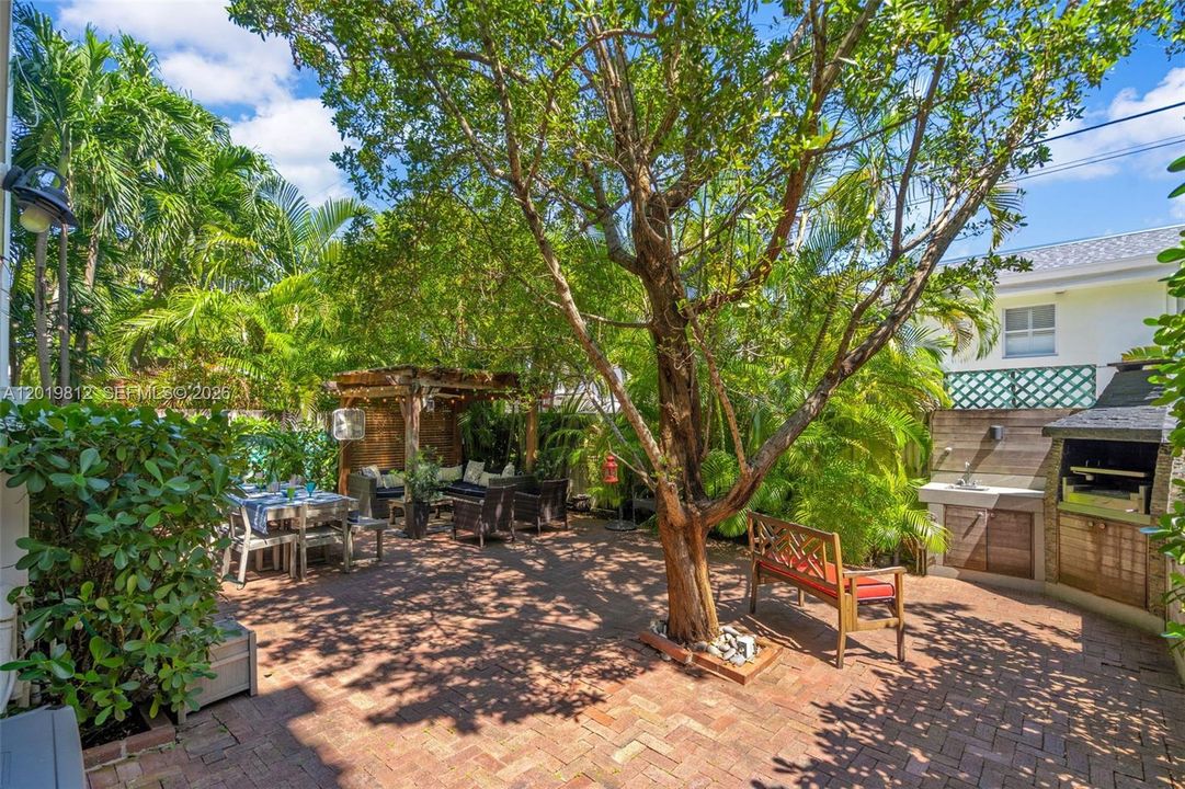 Beautifully lanscaped patio located on the ground level