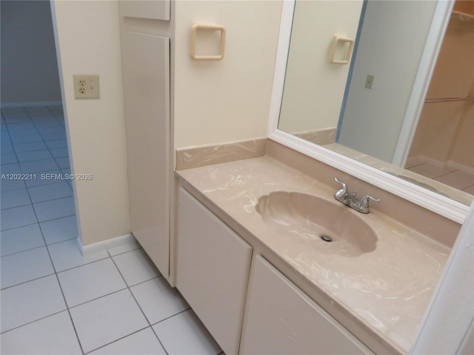 with vanity area and storage for linen