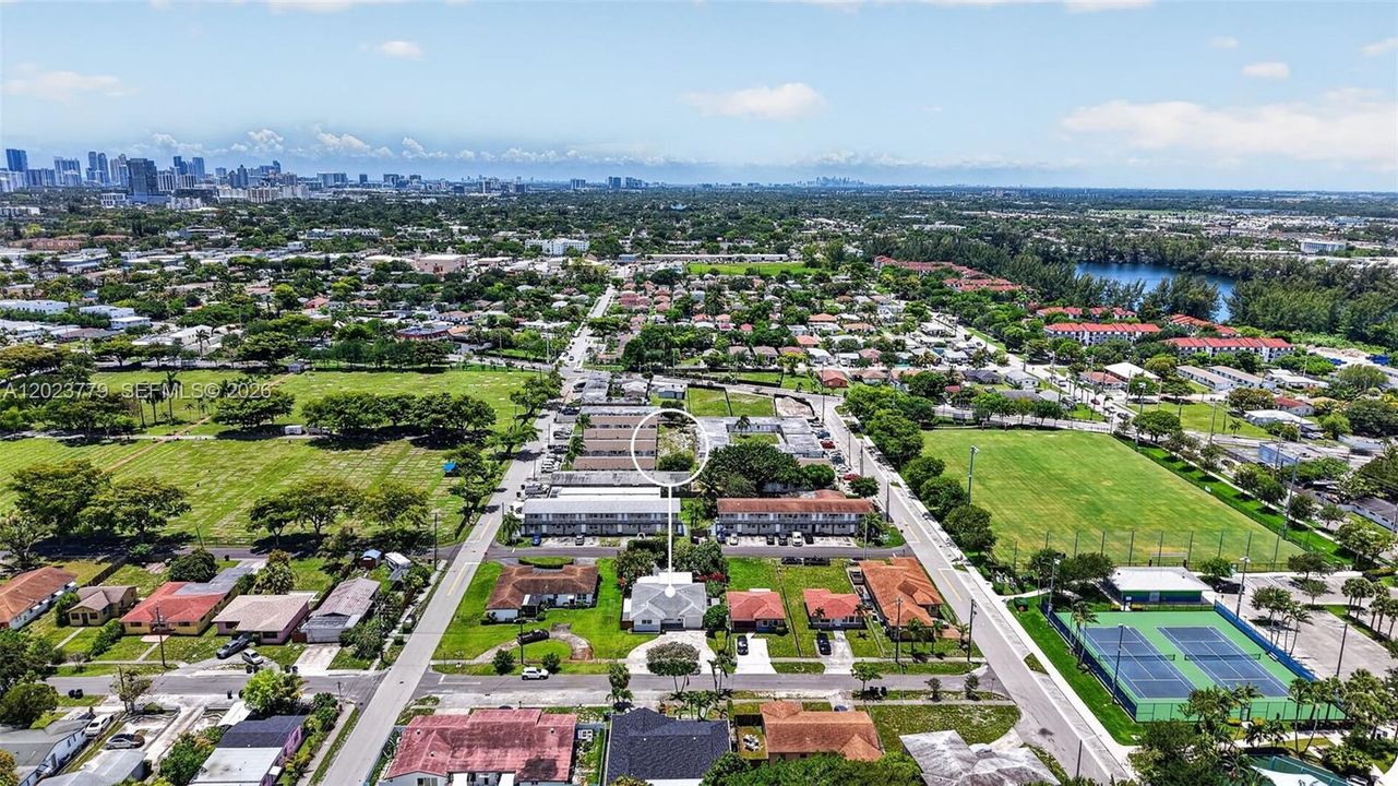 View to the east toward downtown Miami and to the city park on right