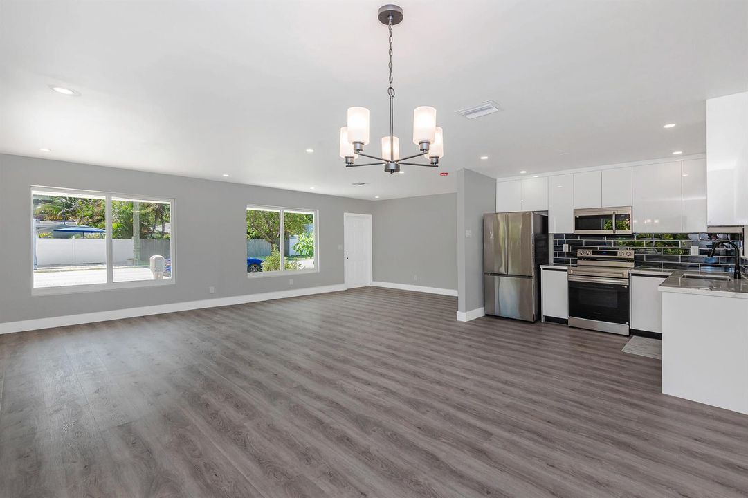 Dining, kitchen, living area