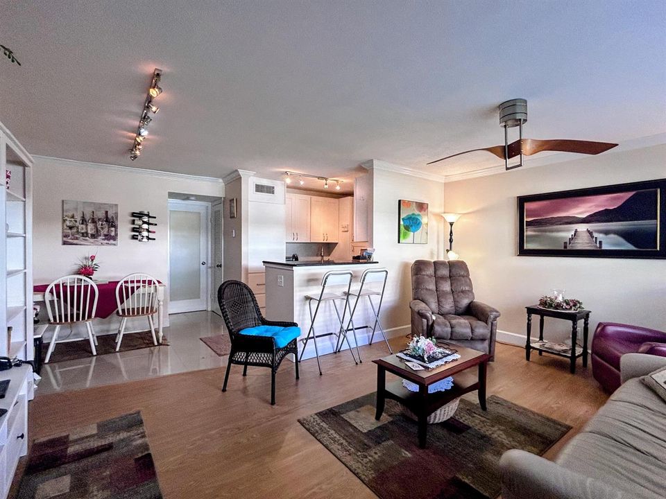 Living room into dining and open kitchen