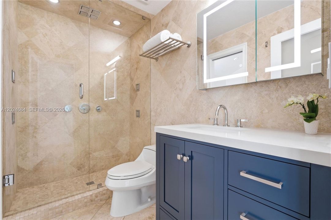 Shower with 8 adjustable shower heads - 4 ceiling-mounted, 4 body sprays. Using only the body sprays a person can shower without wetting their hair. Medicine cabinet with adjustable front facing light. New vanity with ample storage