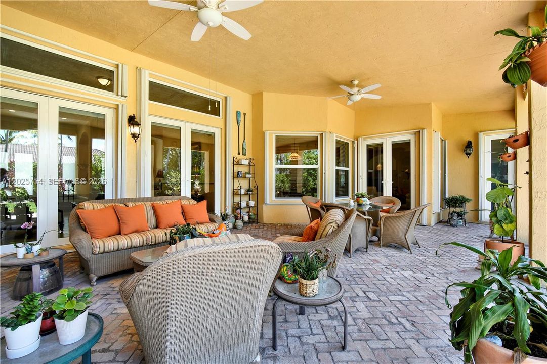 Large area on the patio under roof for gatherings outside even if it rains.