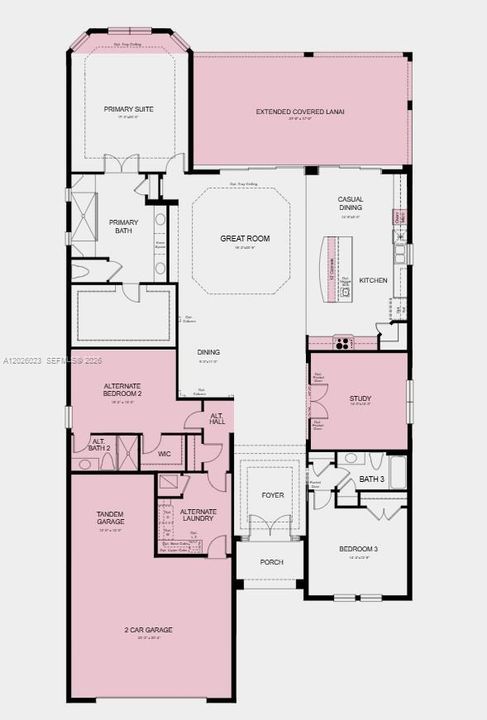 Floor Plan - Additional Highlights Include: tray ceiling package, double pocket doors into the study, 8' interior doors, pre-plumb for future laundry sink, upgraded kitchen cabinets, LVP flooring throughout, and porcelain tile flooring in the primary bath