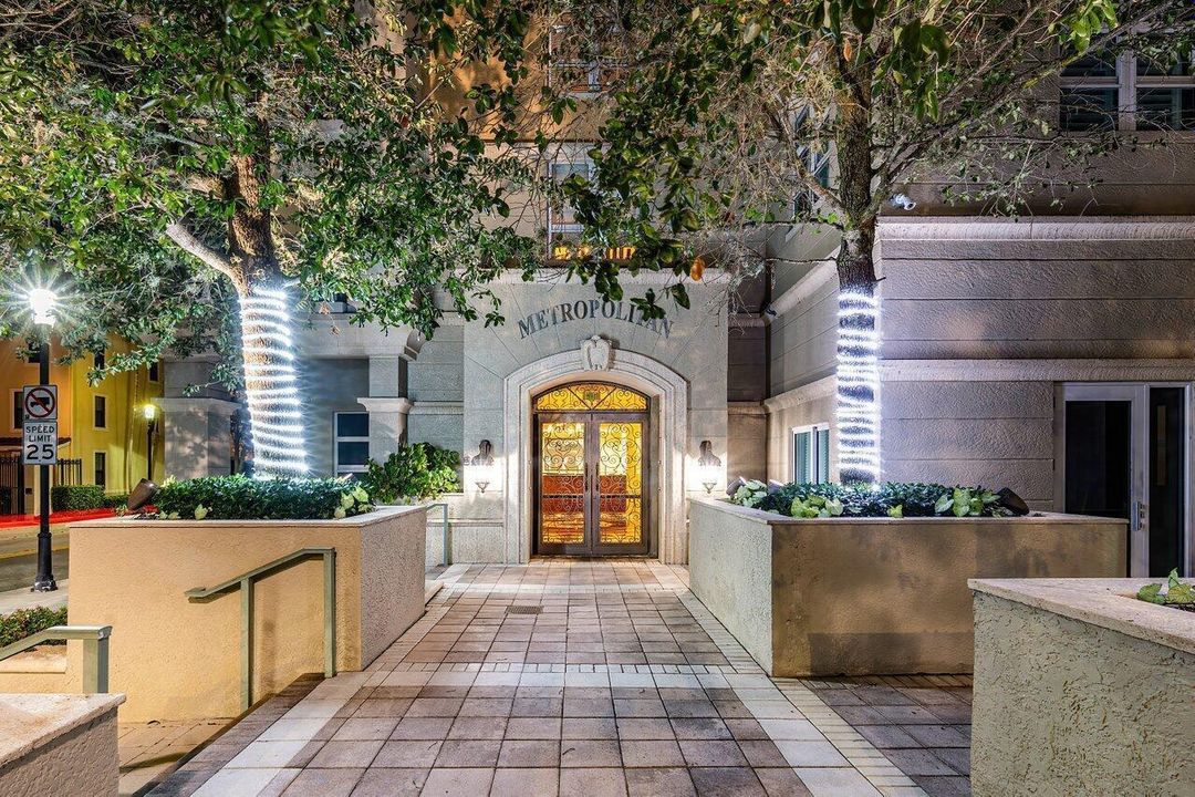 Brightly Lit Entrance at Night