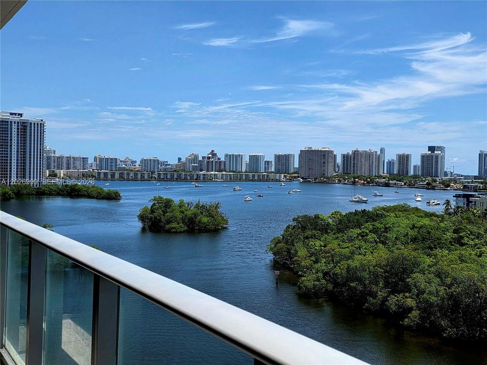 The balcony captures wide water views with surrounding greenery, boats, and the city skyline beyond. Glass railings keep the outlook open and unobstructed.