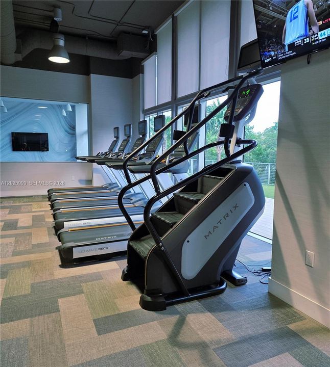 A row of professional-grade Matrix treadmills and a climbmill offer a high-performance workout experience with floor-to-ceiling window views.