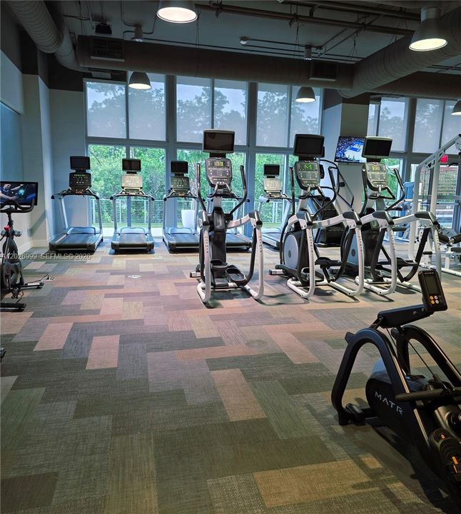 This expansive view of the fitness center highlights the open-concept layout, featuring a mix of cardio machines and dedicated strength-training zones.