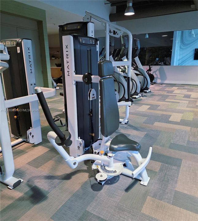 The facility boasts a comprehensive selection of Matrix strength-training equipment and weight machines to support a full-body fitness routine.