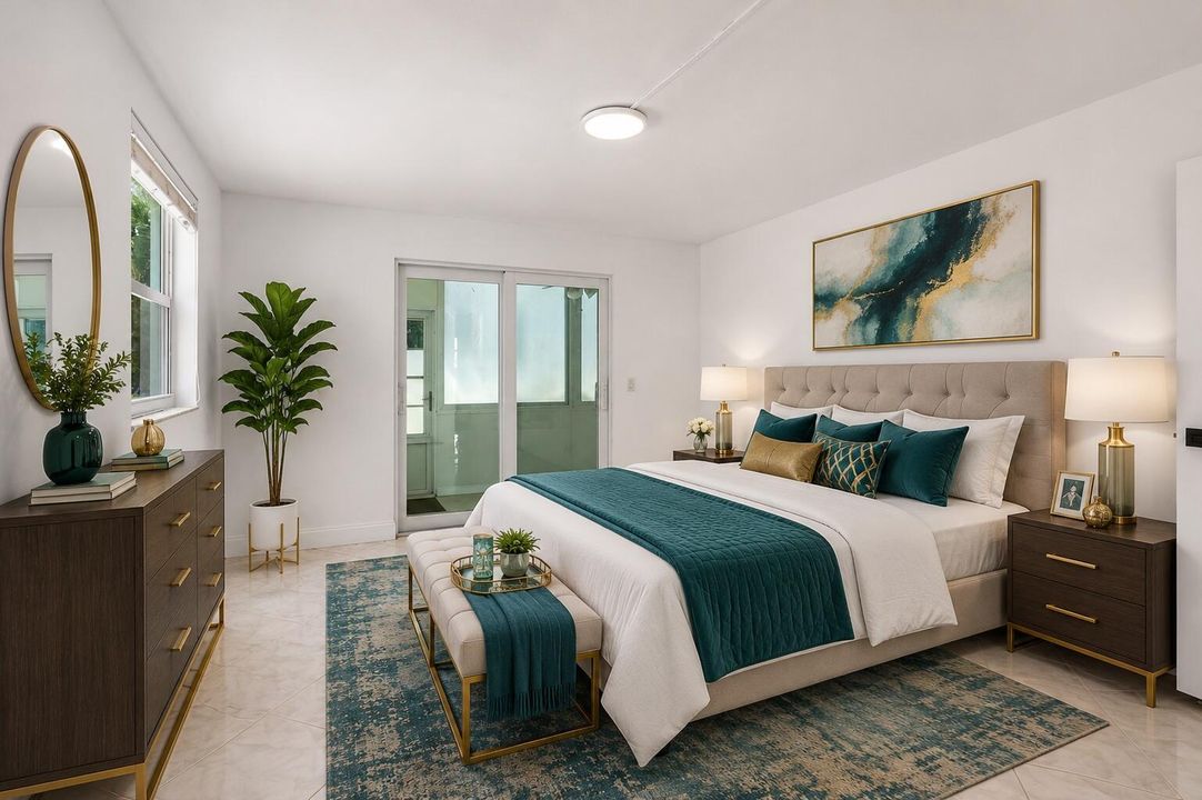 Bedroom with sliders virtually staged