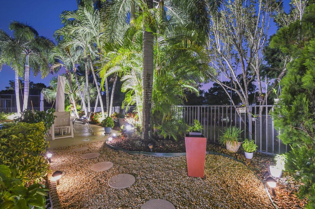 lit garden area