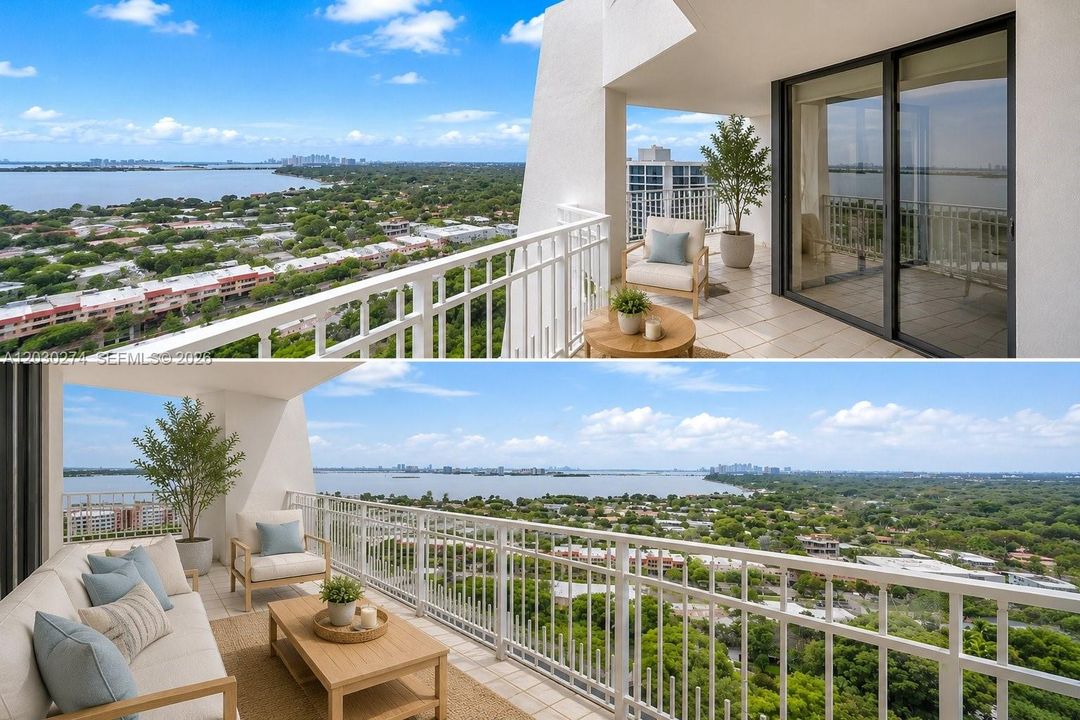 DIGITALLY STAGED TOWER SUITE BALCONY WITH THE MOST EXQUISTE VIEW OF WIDE INTRACOASTAL WATERWAY, LUSH GREEN LANDSCAPING AND CITY OF MIAMI IN THE  BACKGROUND. THIS IS THE MOST OUTSTANDING VIEW IN MIAMI.  MAKE THIS UNIT YOURS WITH THE VISION PROVIDED WITH SOFT LIGHT COLORS AND FURNITURE