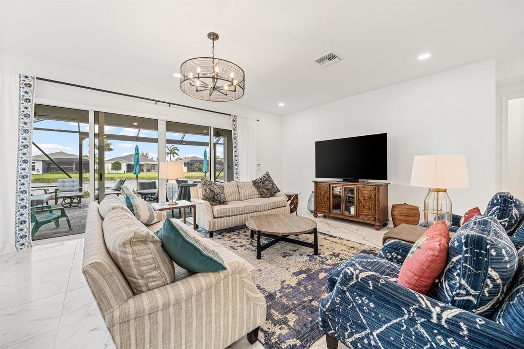 Spacious living room with lake views