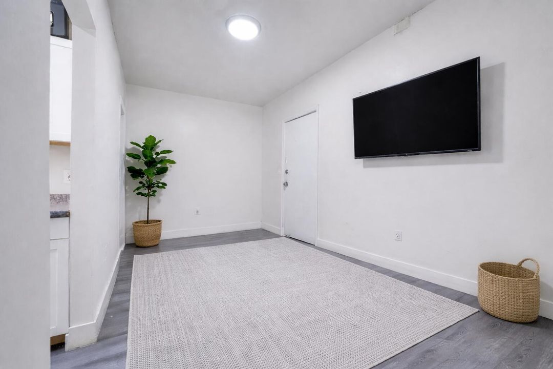 Modern living room with TV and plants