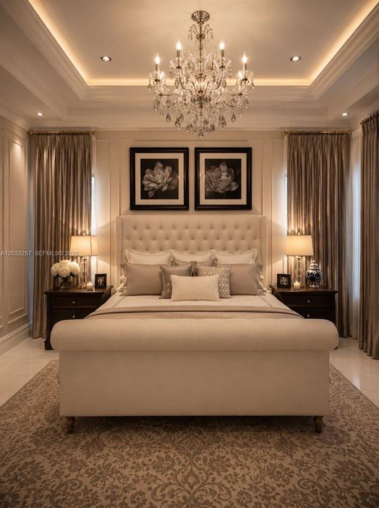 PRIMARY BEDROOM LOCATED ON THE FIRST FLOOR HAS ELEGANT DOUBLE TRAY CEILINGS DECORATED WITH A DESIGNER CHANDELIER.  CUSTOM DRAPES AND SHADES WITH LUXURY HARDWARE SURROUND THIS BEAUTIFUL ROOM.